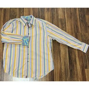 Robert Graham Striped Button Down Shirt Flipped Cuffs Cars Men Long Sleeve XL